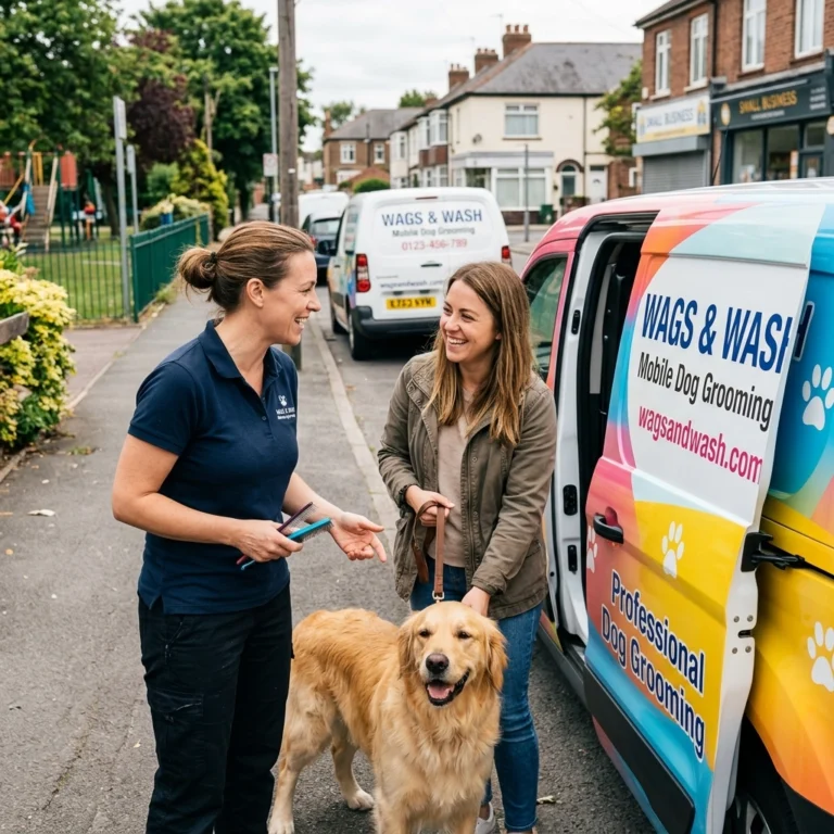 Two women stand by a colorful mobile dog grooming van labeled WAGS & WASH. One woman holds a golden retriever on a leash while the other, in uniform, smiles and gestures, holding a grooming tool.