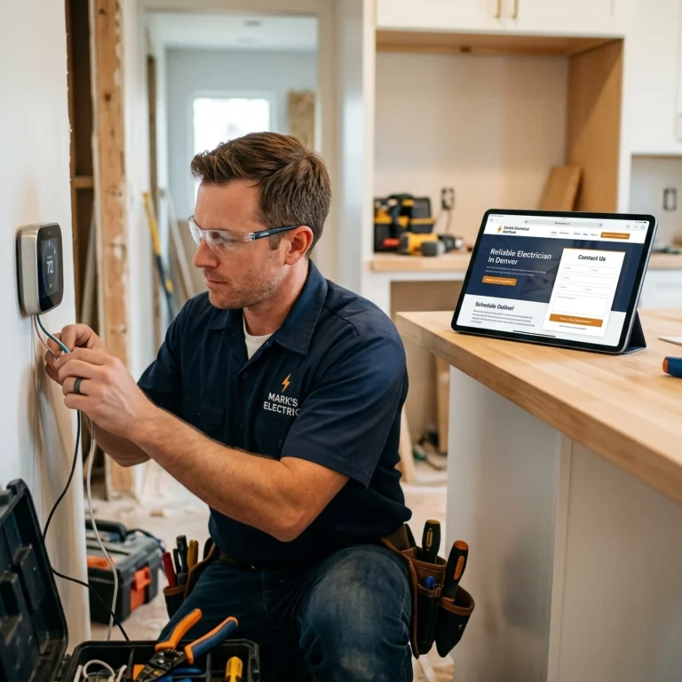 An electrician wearing safety glasses installs a wall device in a home under renovation. He has tools around his waist, and a tablet with a website open is on the kitchen counter beside him.