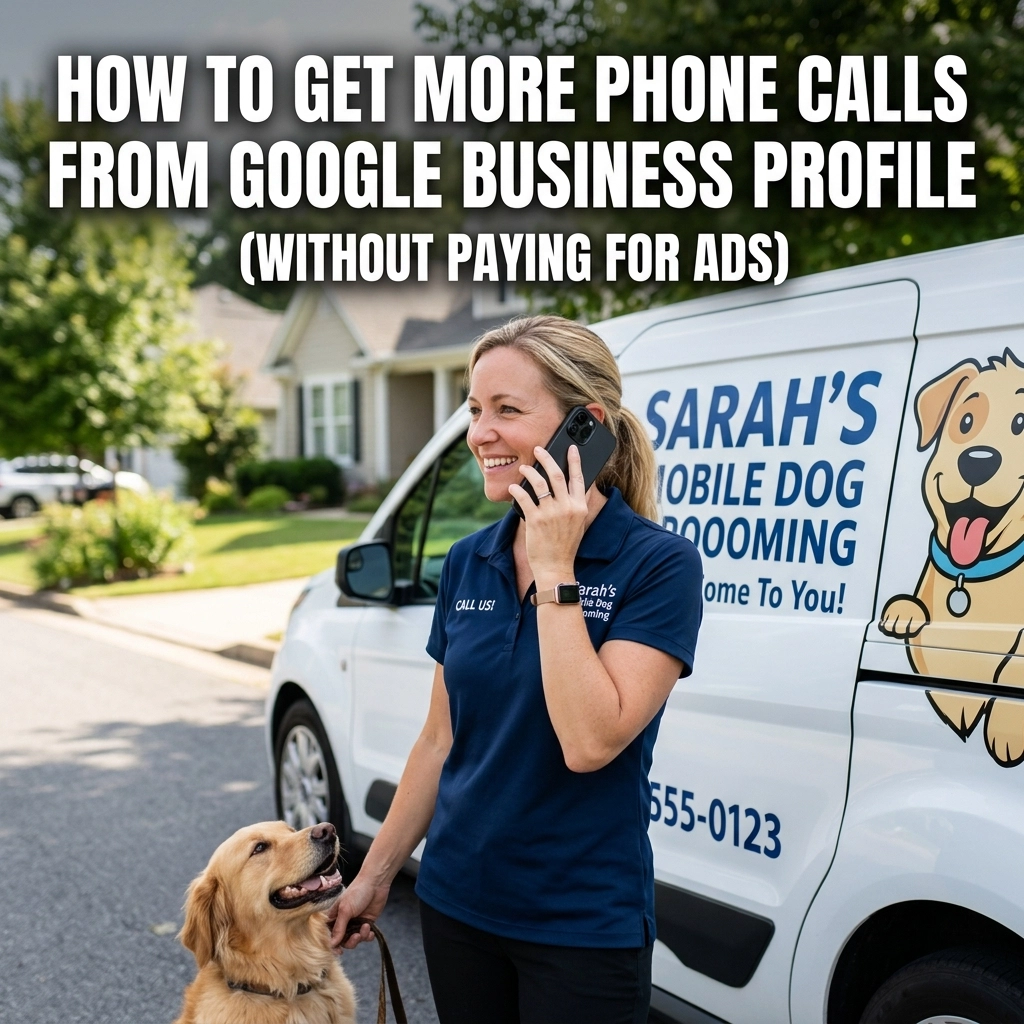 A smiling woman in a blue uniform stands next to a mobile dog grooming van, talking on her phone and holding a leash attached to a happy golden retriever. Text above reads, How to get more phone calls from Google Business Profile (without paying for ads).