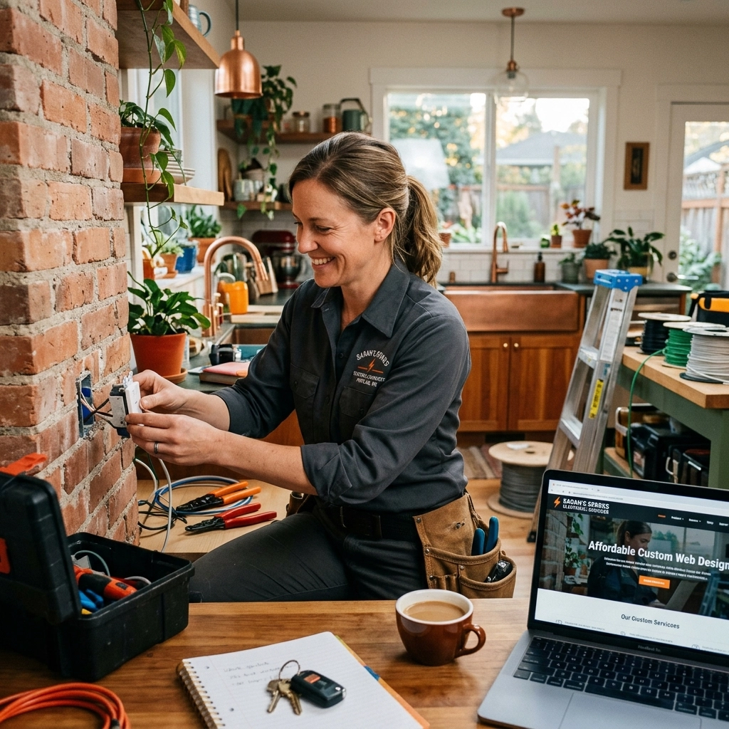 A woman in work clothes installs an electrical outlet in a cozy kitchen, surrounded by tools. A laptop with a web page, a notebook, coffee, and keys sit on the counter nearby. Sunlight comes through windows in the background.