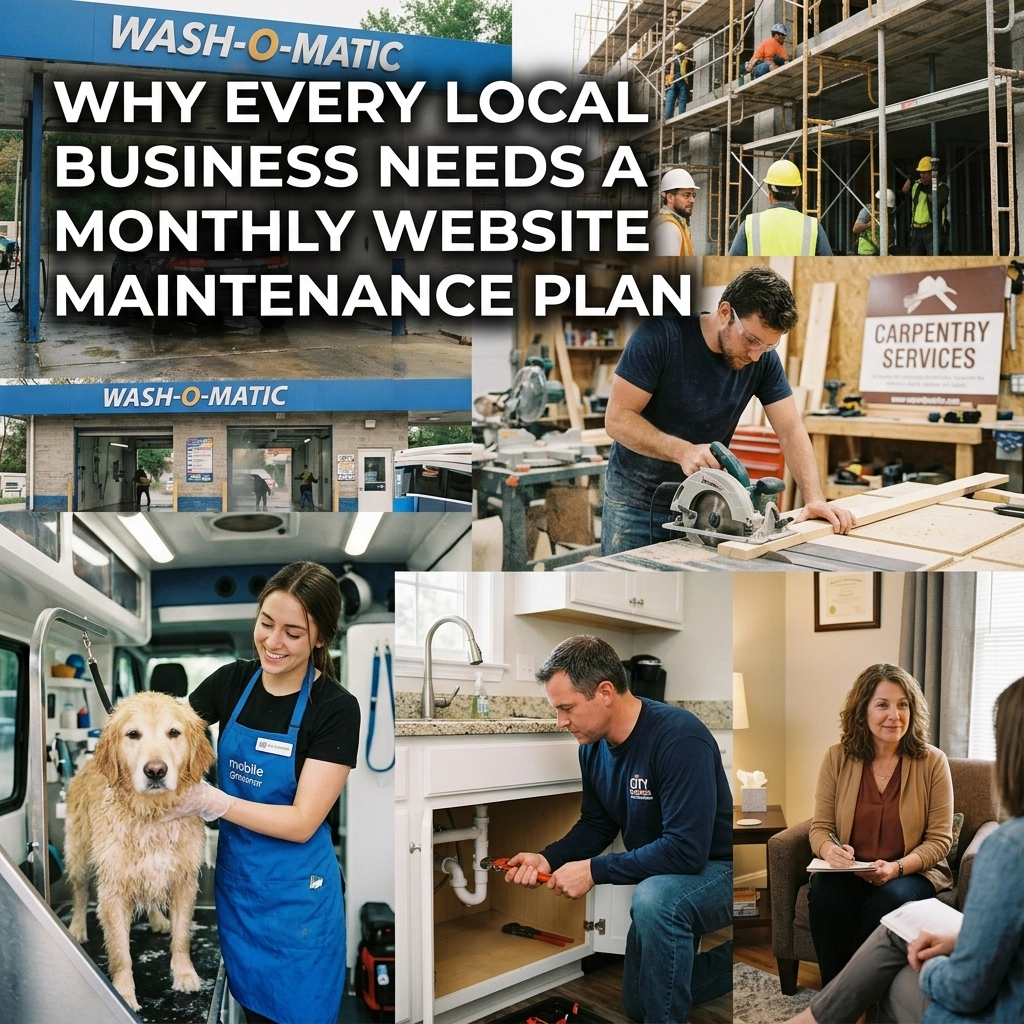 A collage of various local business scenes, including a laundromat, construction workers, a carpenter, a woman grooming a dog, a plumber fixing a sink, and a business meeting. Text reads: Why every local business needs a monthly website maintenance plan.