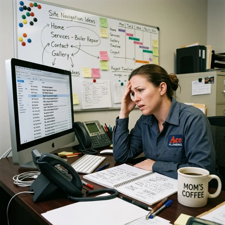 A woman in a work shirt sits at a cluttered desk, looking stressed while checking emails on a desktop computer. Behind her is a whiteboard with project notes, and a mug labeled Moms Coffee is on the desk.