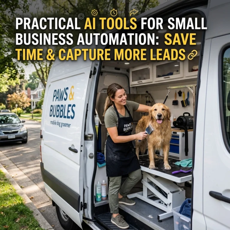 A mobile dog groomer smiles while washing a Golden Retriever beside a van labeled Paws & Bubbles. Text above reads, “Practical AI tools for small business automation: Save time & capture more leads.”.
