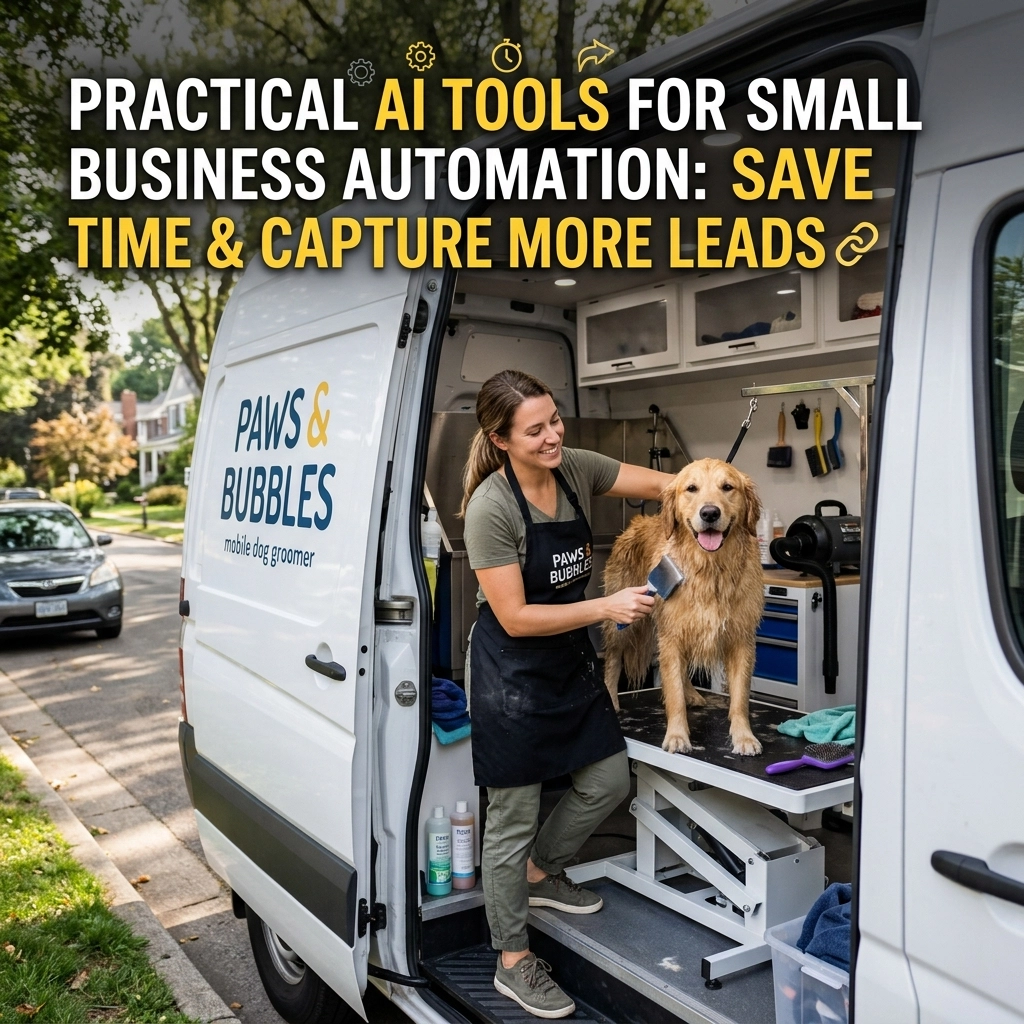 A mobile dog groomer smiles while washing a Golden Retriever beside a van labeled Paws & Bubbles. Text above reads, “Practical AI tools for small business automation: Save time & capture more leads.”.