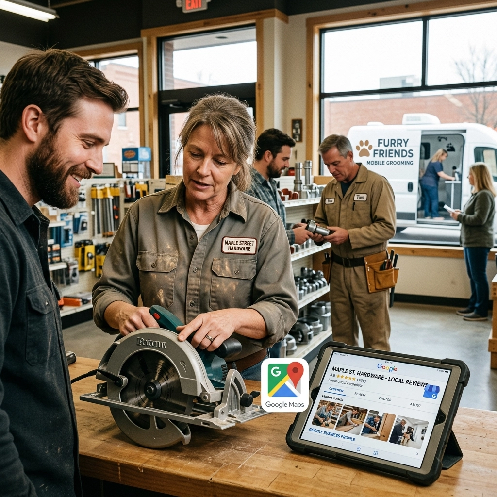 A woman helps a man with a circular saw inside a hardware store. Two other people work in the background. A tablet on the counter shows a Google Maps review page. A pet grooming van is visible outside the window.