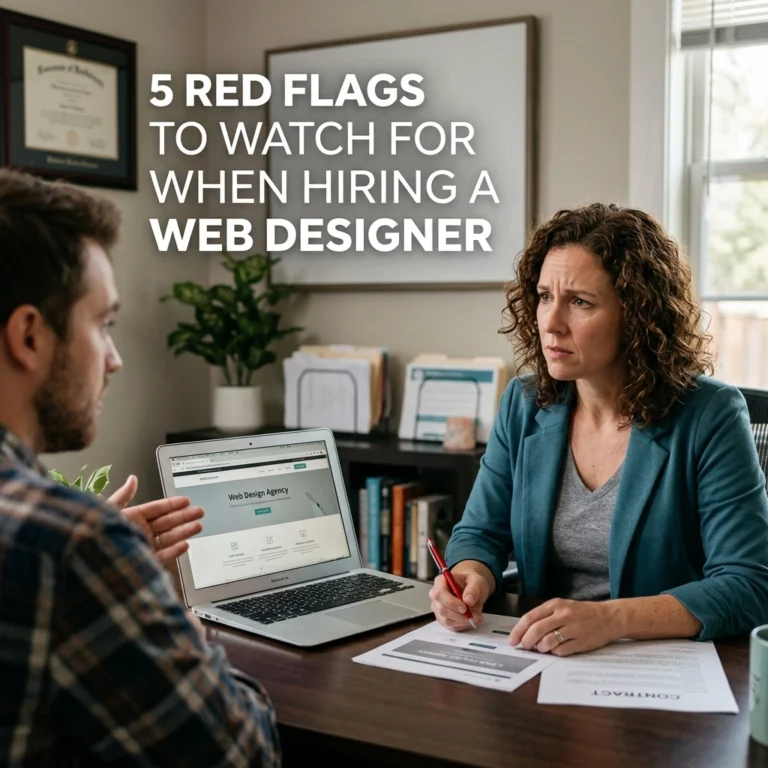 A woman holding a pen looks concerned while listening to a man in an office. The man gestures toward a laptop displaying a web design agency page. Text reads, 5 Red Flags to Watch For When Hiring a Web Designer.