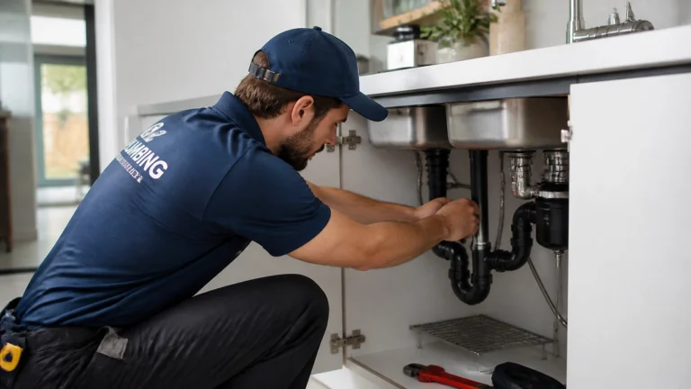 A plumber wearing a blue shirt and cap is kneeling under a kitchen sink, using tools to fix the pipes. The cabinet doors are open, and plumbing equipment is visible beneath the sink.