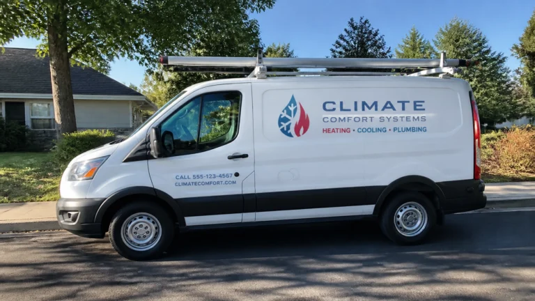 A white van labeled Climate Comfort Systems with a blue and red flame logo is parked on a residential street. The van advertises heating, cooling, and plumbing services, with a phone number and website on the side.