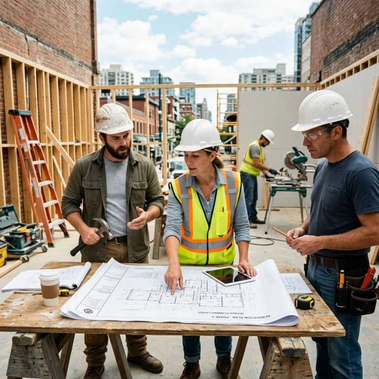 Three construction workers in safety gear review blueprints at a building site. Two men and one woman discuss plans while another worker uses a saw in the background. Urban buildings are visible behind the site.