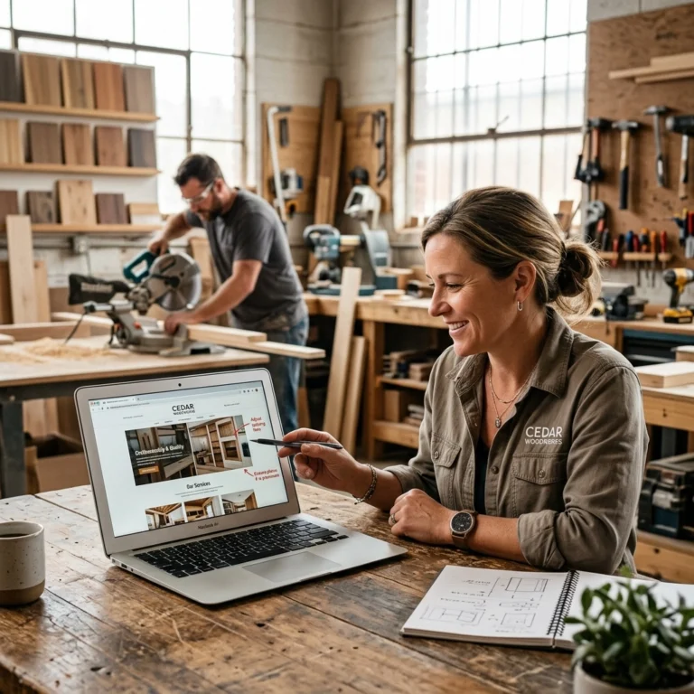 A woman at a desk in a woodshop browses a furniture website on her laptop, smiling, while a man works with a saw in the background. Woodworking tools and materials are visible throughout the workshop.