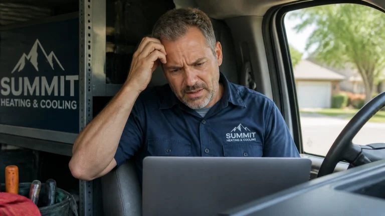 A man in a SUMMIT Heating & Cooling shirt sits in a van, looking at a laptop with a concerned expression, scratching his head.