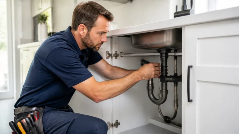 A plumber in a navy shirt kneels and repairs pipes under a kitchen sink, using tools from a belt and working with concentration.