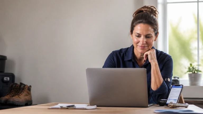 A woman sits at a desk, working on a laptop. She rests her chin on her hand and smiles. Papers, a pen, and a smartphone are on the desk. Sunlight comes through a window in the background.