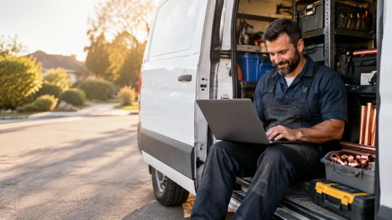 A man in work overalls sits on the open back of a van, using a laptop. Tools and equipment are visible inside the van. Its sunny and he appears focused.